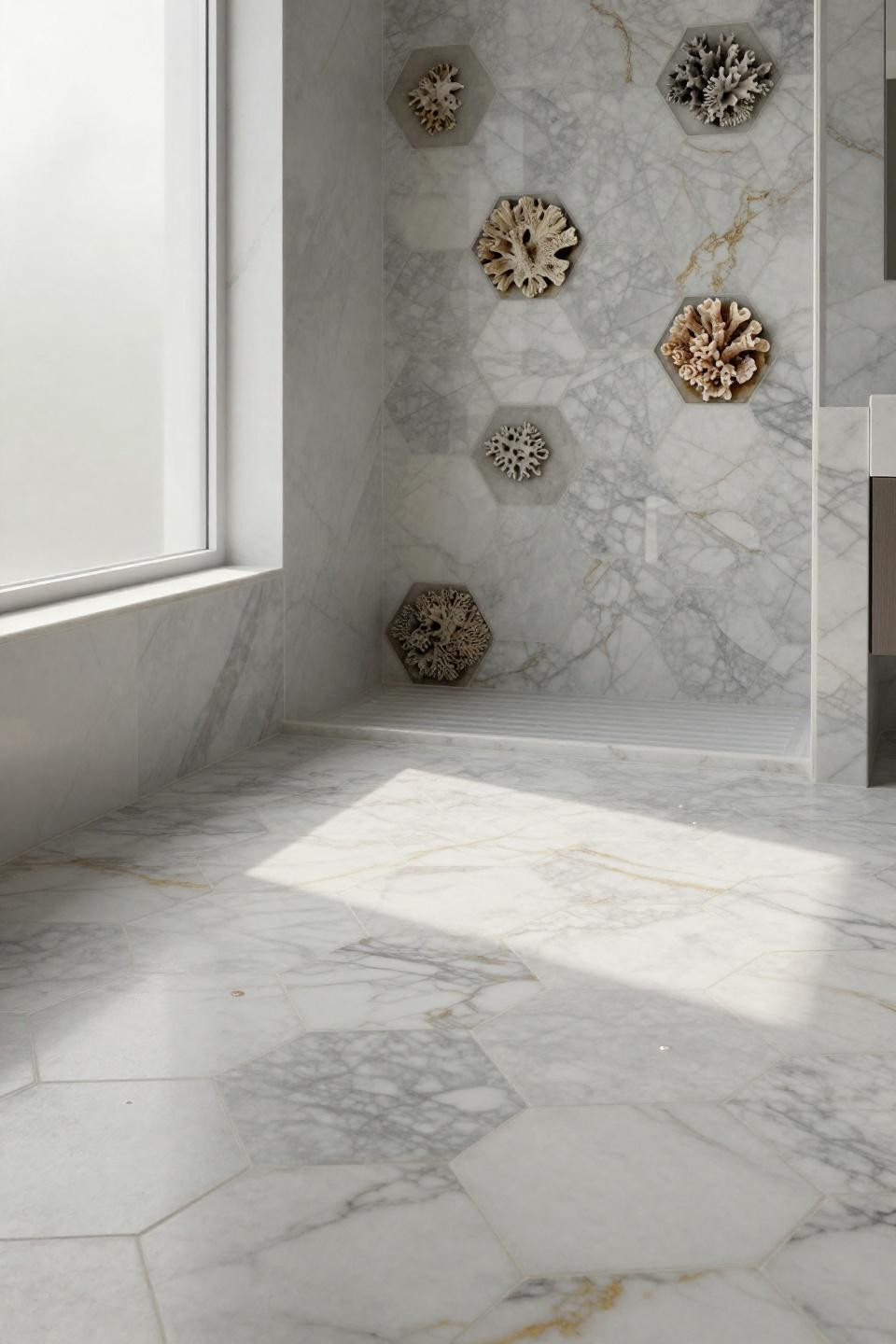 Tiny Bathroom Ideas - Calacatta marble hexagon tiles from floor level