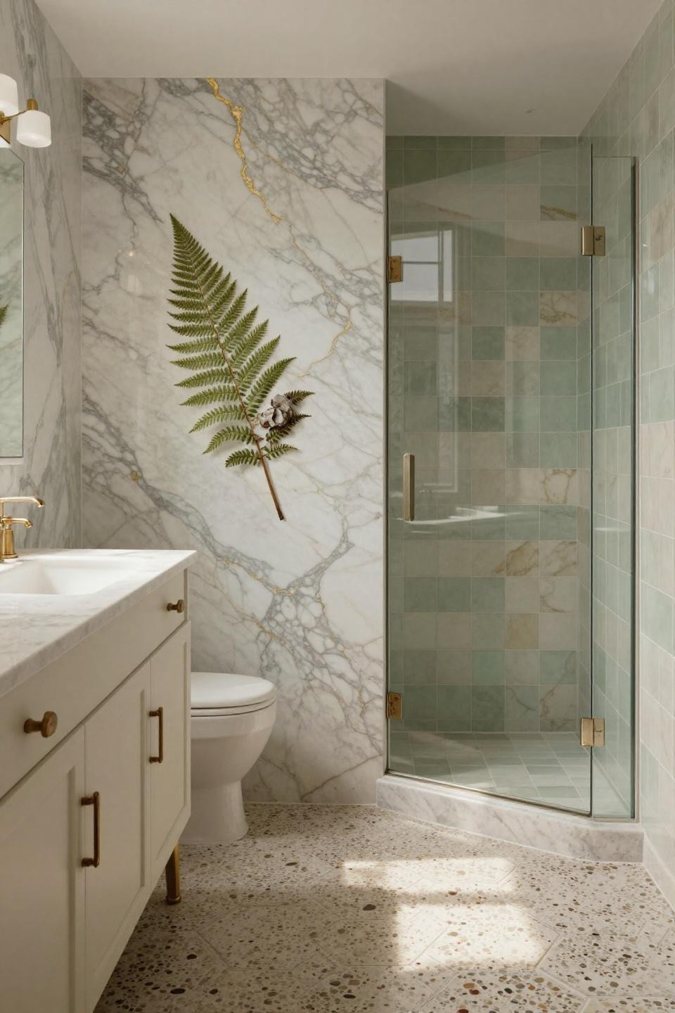 Master Bath Ideas - Calacatta marble with gold veining and terrazzo floor