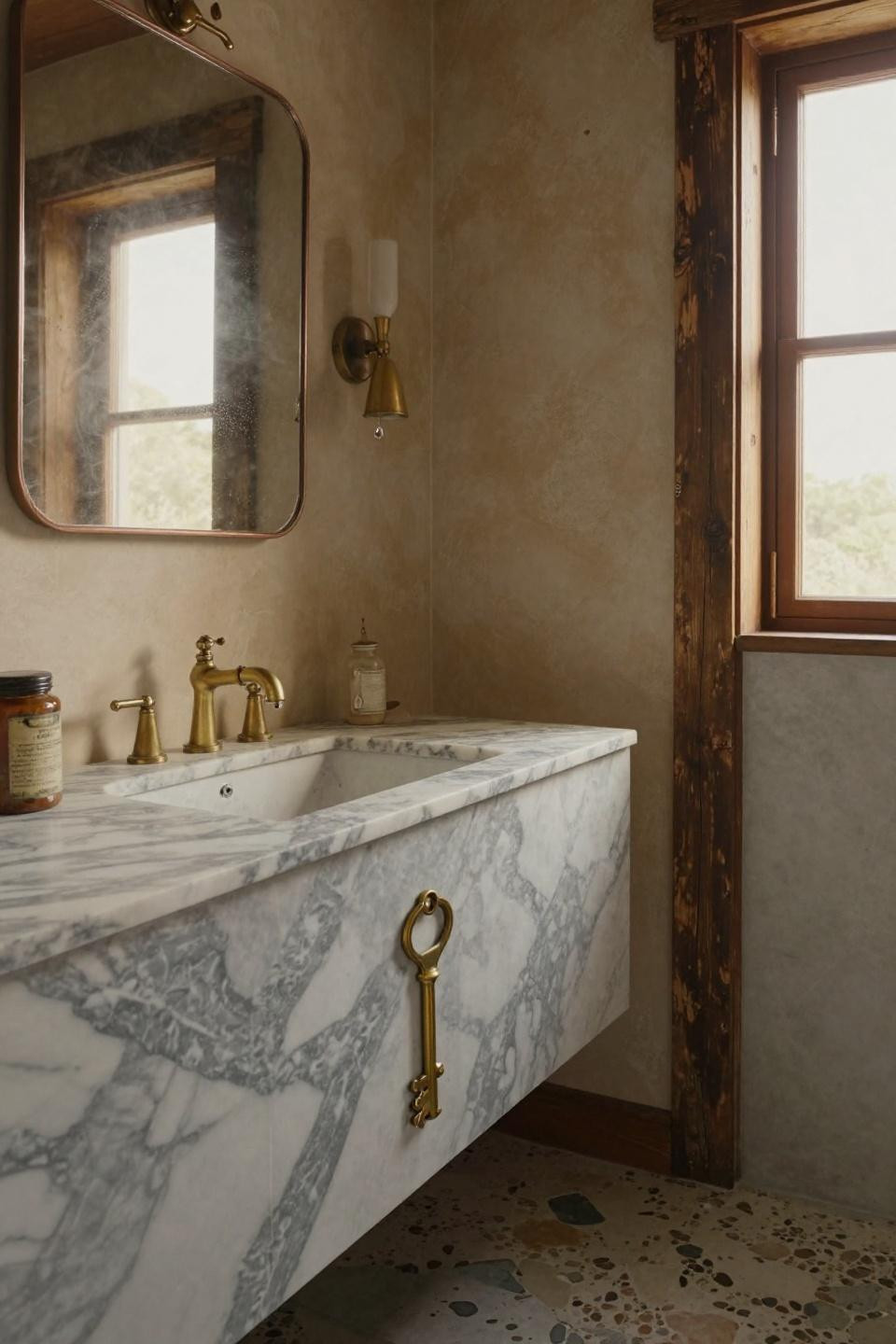 Small Rustic Bathroom - Carrara marble vanity with brass fixtures