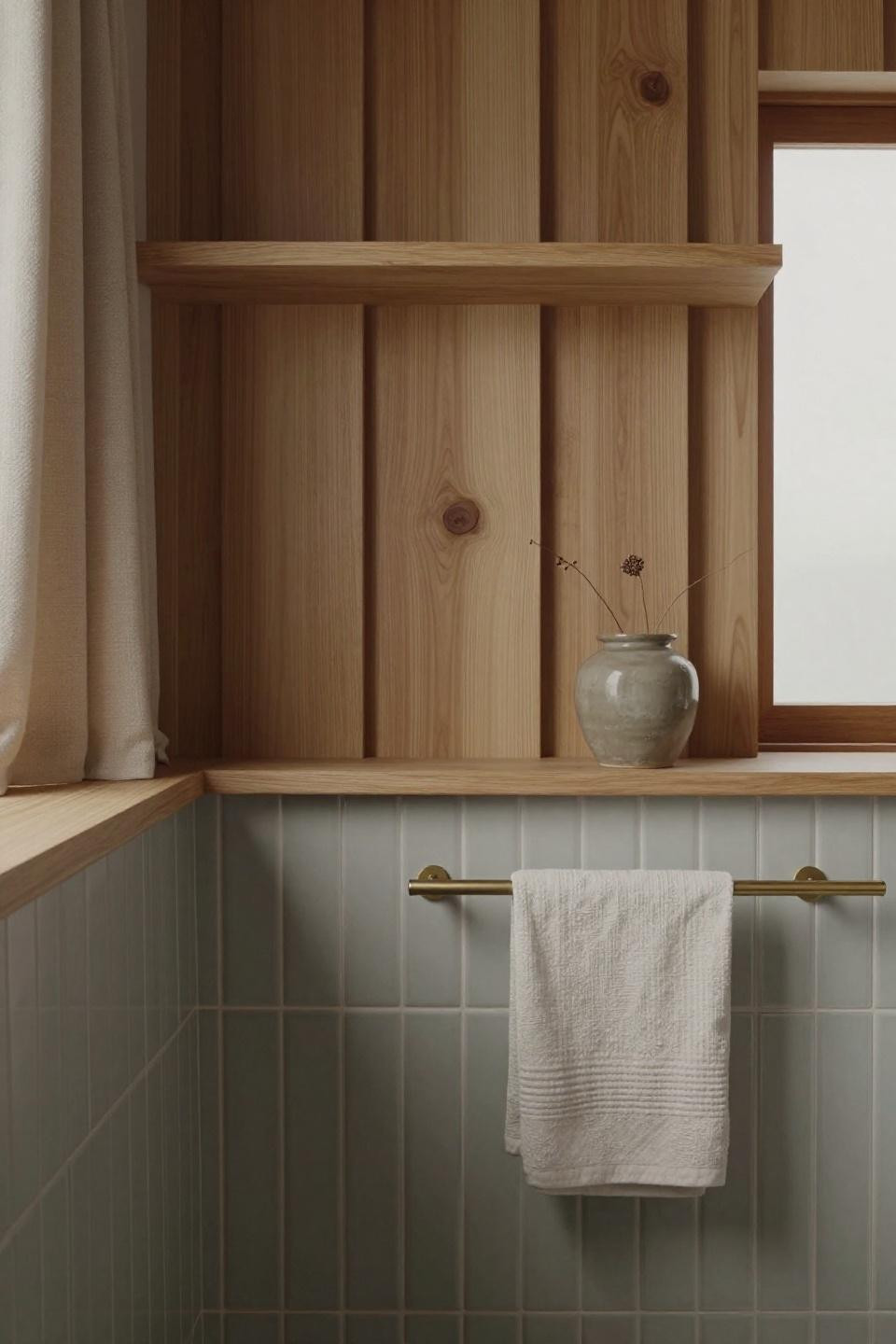 Neutral bathroom ideas - asymmetrical cedar slat shelving with ceramic tile