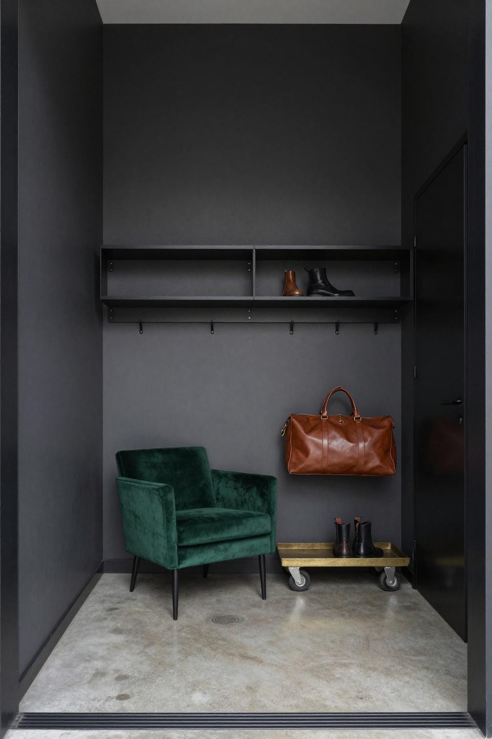 Farmhouse Hall Tree - charcoal wall with magnetic steel shelving