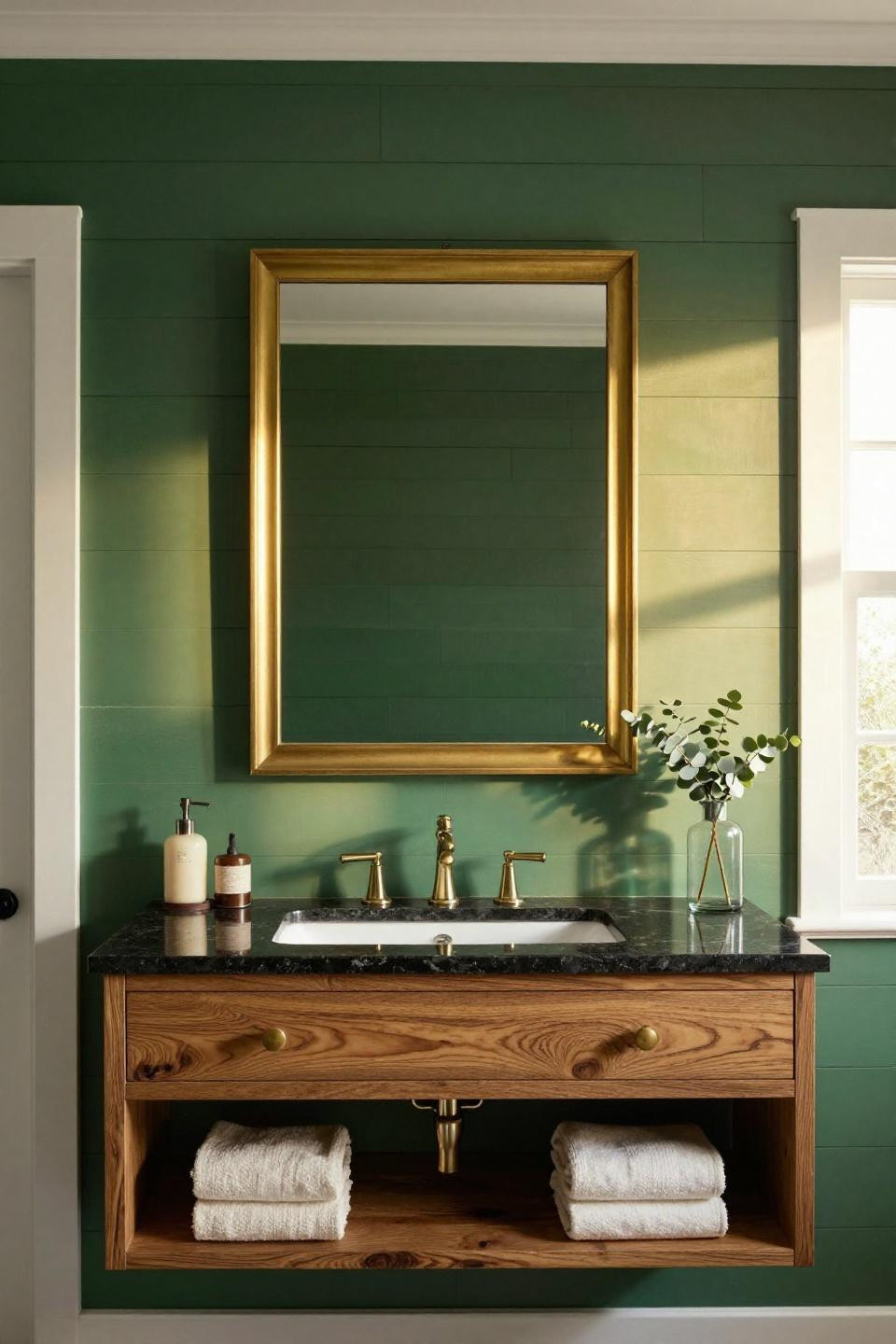 Master Bath Remodel - charred oak double vanity with emerald green shiplap