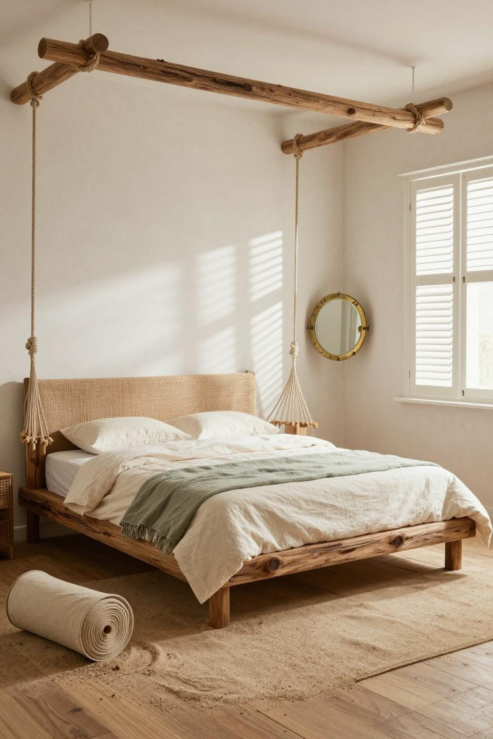 Coastal Room Ideas - driftwood bed with suspended hammock