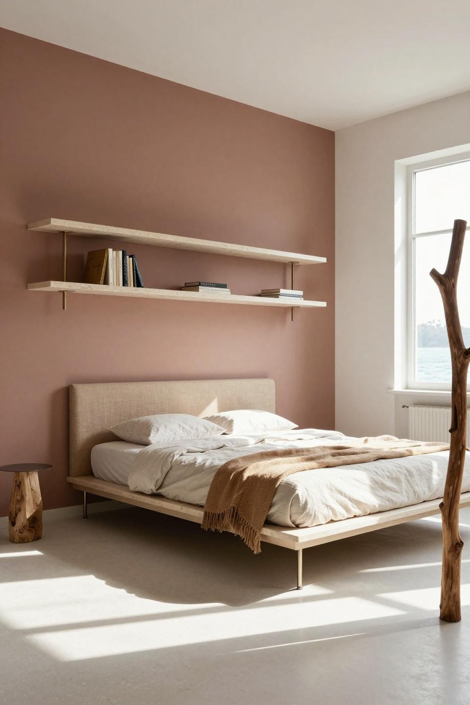 Coastal Bedrooms - indigo wall with floating travertine shelves