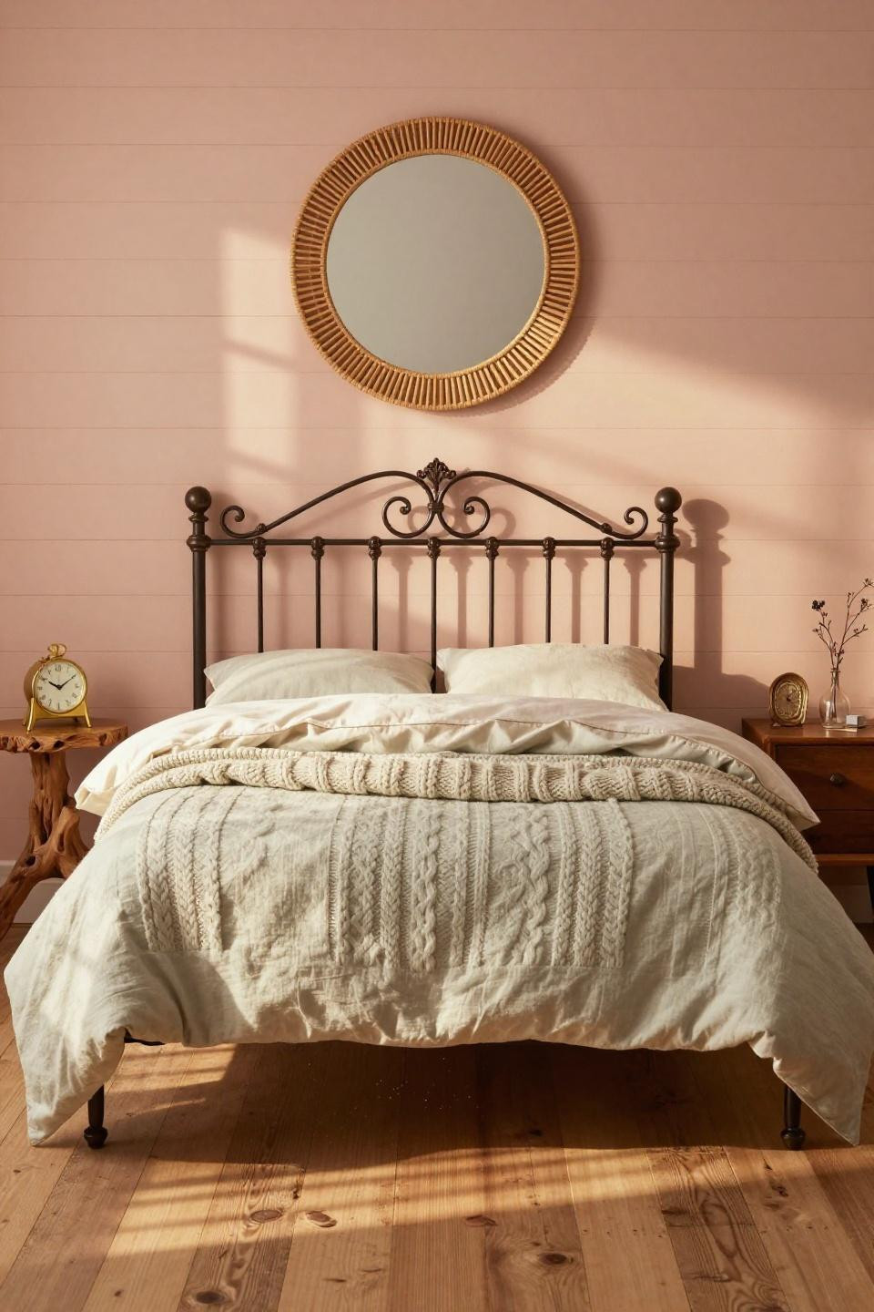 Coastal Bedroom Inspiration - iron bed with blush shiplap
