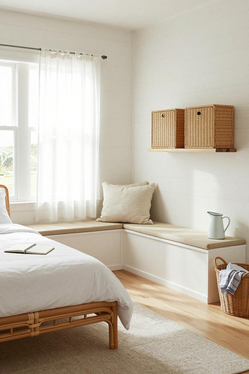 Cozy Coastal Bedroom - rattan bed with window bench