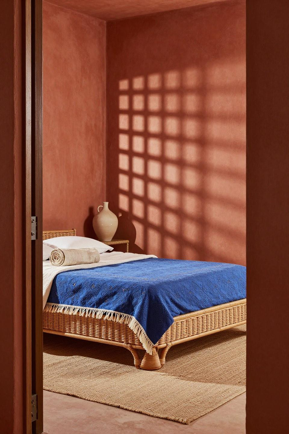 Coastal Bedroom Aesthetic - rattan bed with embroidered indigo
