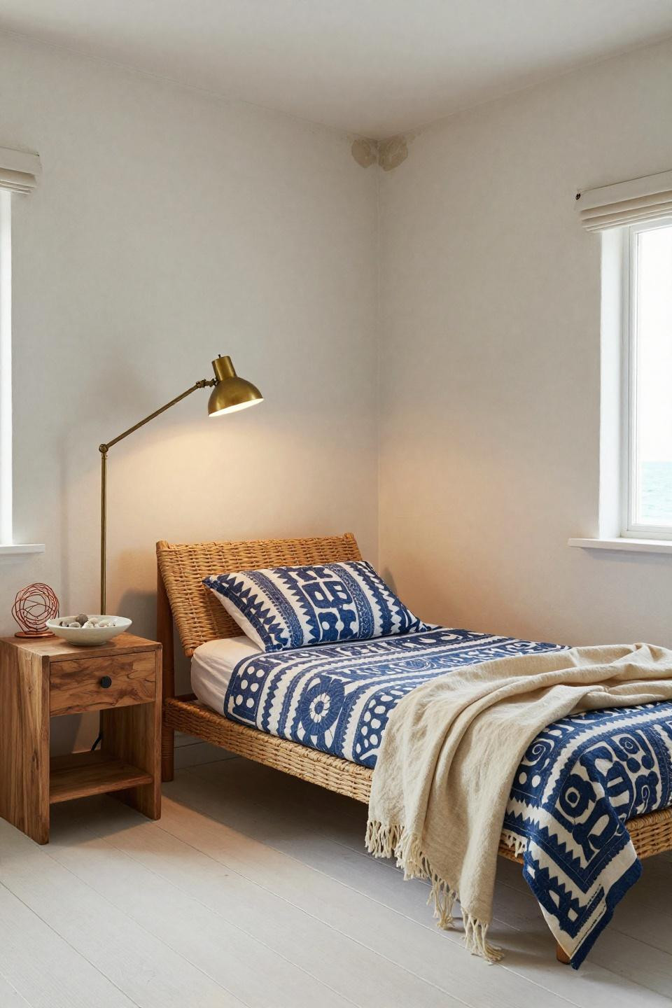 Coastal Room Decor - seagrass daybed with sage wall and indigo coverlet