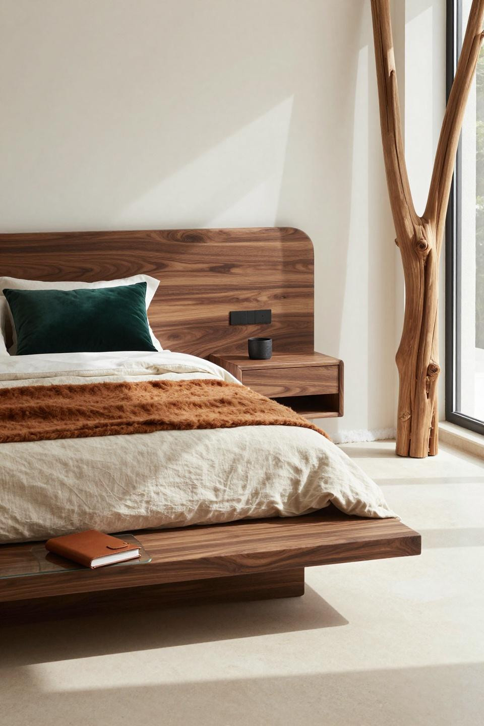 Coastal Grandmother Bedroom - walnut platform bed with limestone floor