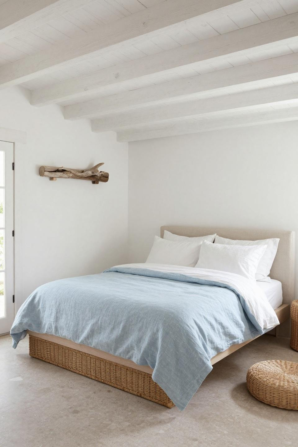 Coastal Farmhouse Bedroom - platform bed with timber beams