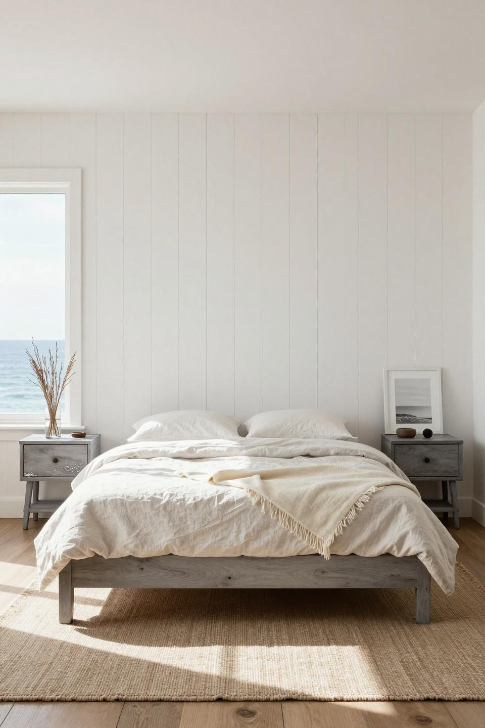 Coastal Bedrooms - vertical shiplap with platform bed