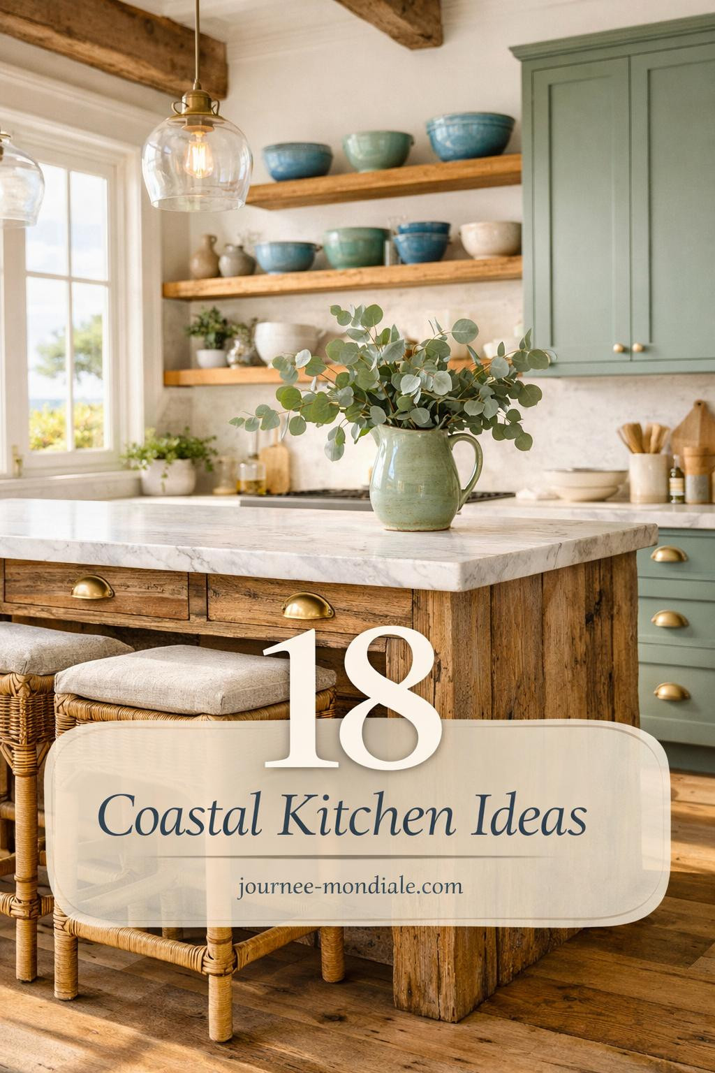Bright coastal kitchen featuring white shaker cabinets, light wood floors, natural textures, and large windows overlooking beach scenery