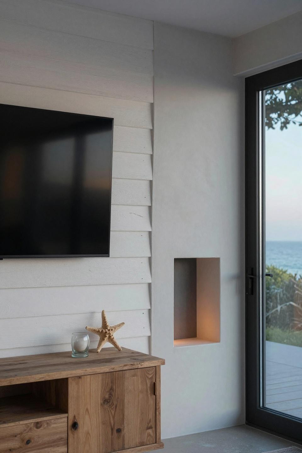 Entertainment Wall With Fireplace - whitewashed reclaimed cedar siding