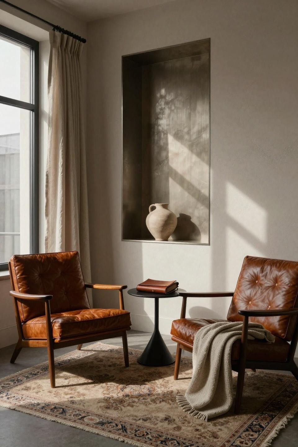 Tiny Sitting Room Ideas - cognac leather mid-century chairs in loft nook