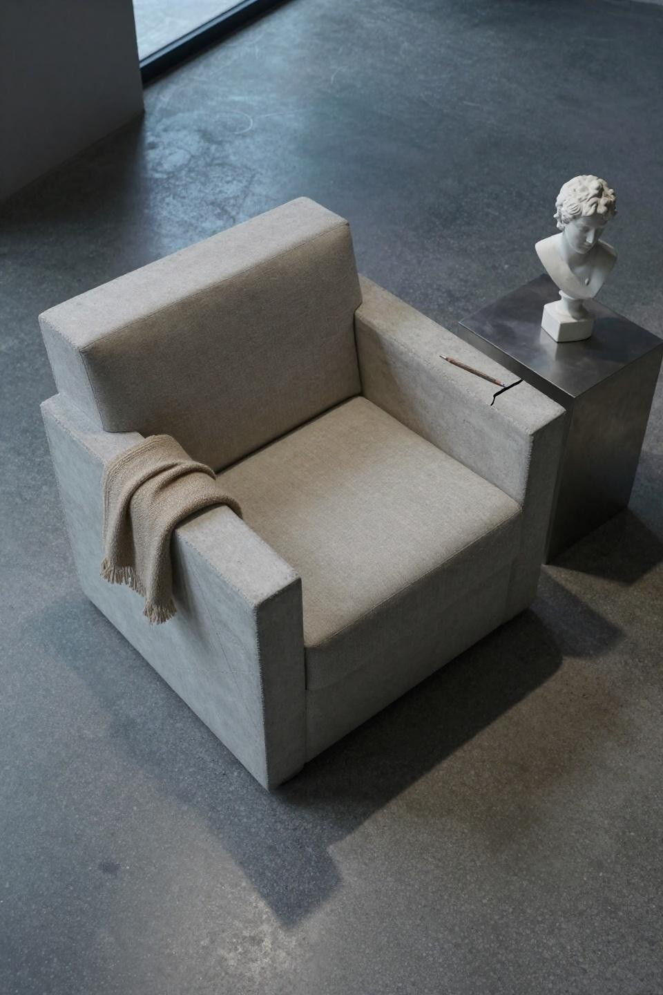 Small Sitting Area Living Room - concrete block armchair with linen upholstery