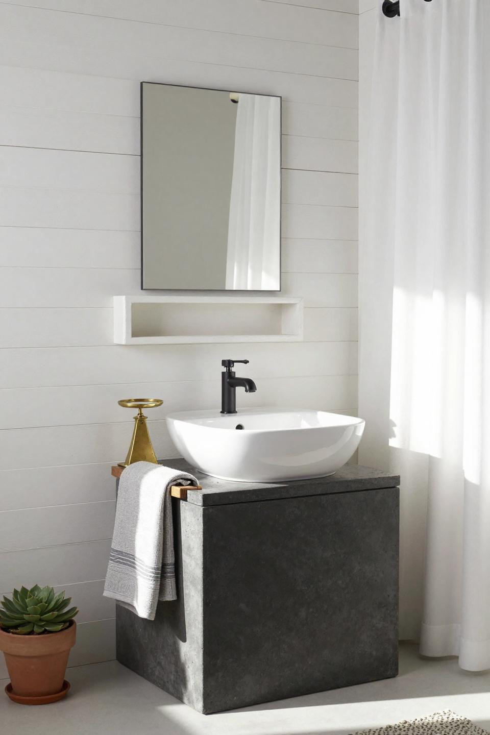 Bathroom Aesthetic - concrete plinth vanity with white vessel sink