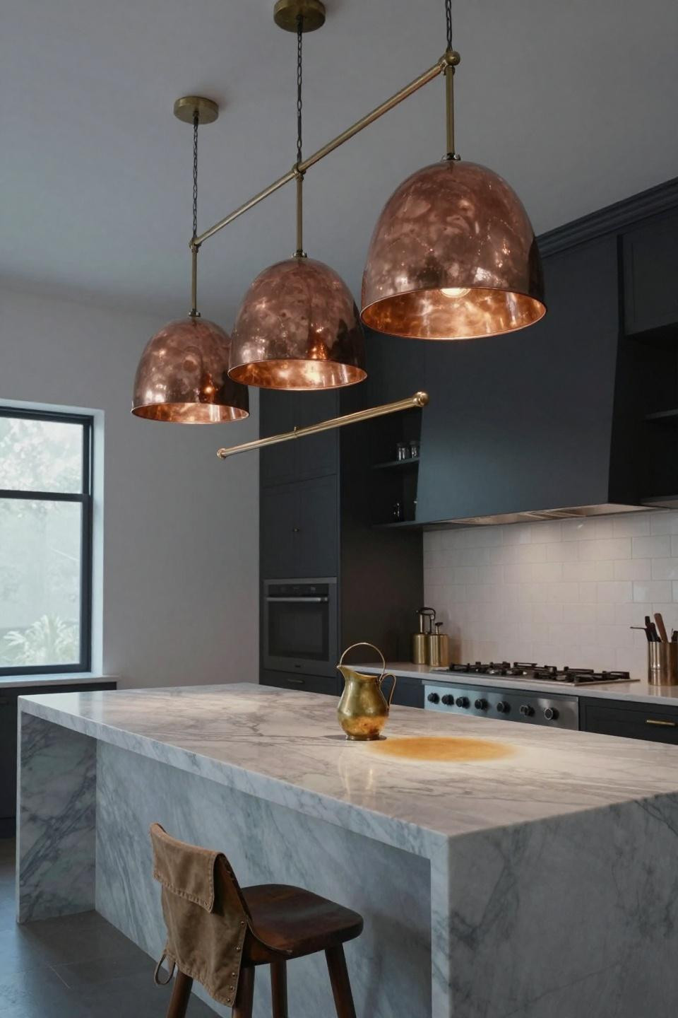 Kitchen Island Ideas - brushed copper pendant system over Calacatta marble