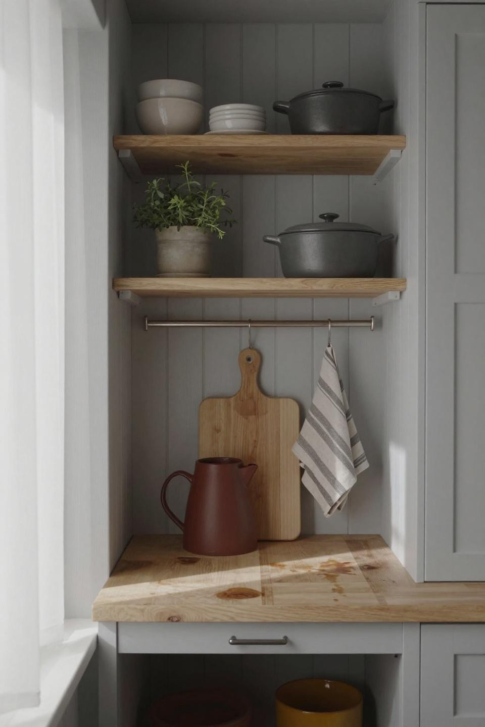 Tiny Cottage Kitchen - pale grey shiplap with open shelving