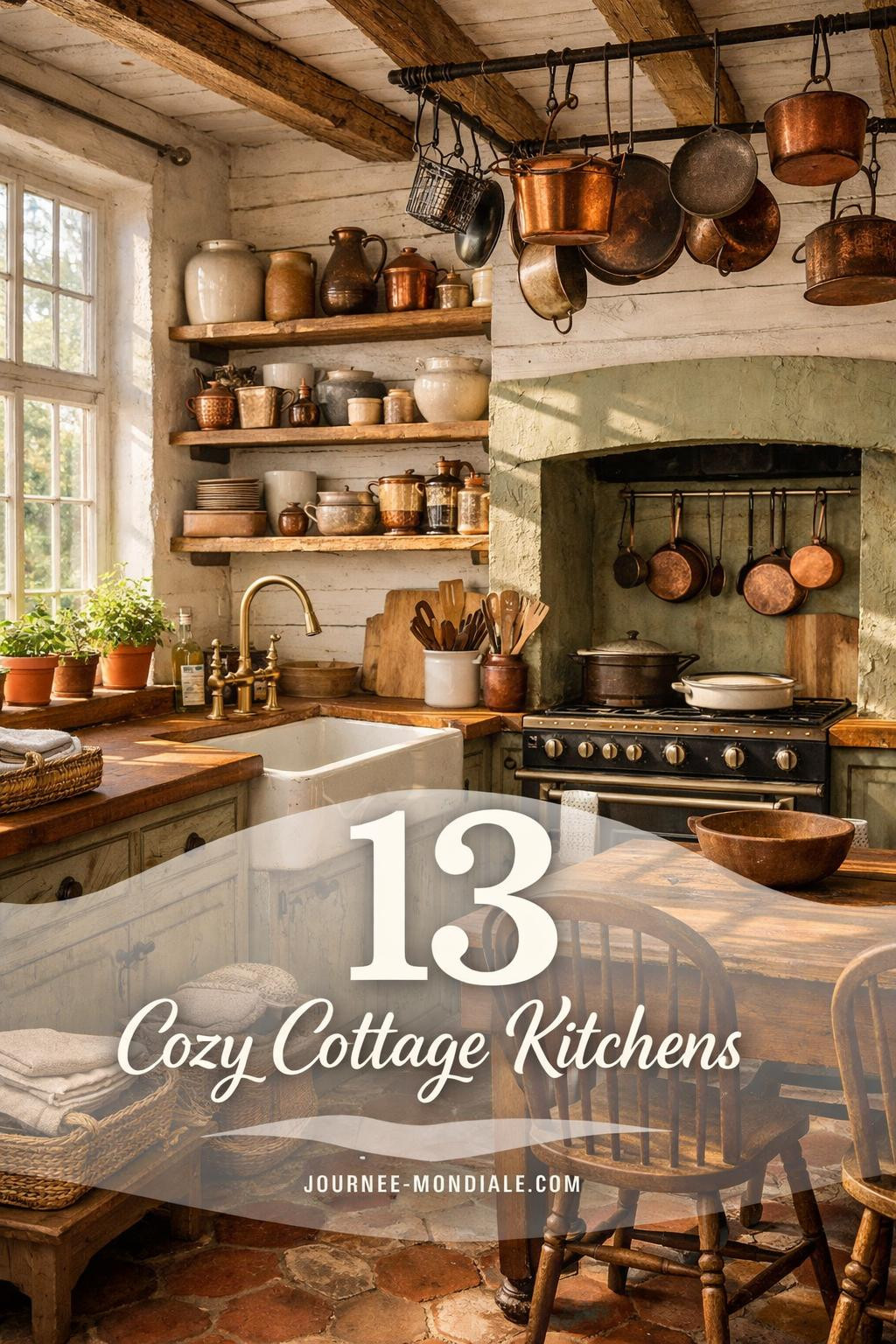 Rustic cottage kitchen featuring reclaimed oak shelving, butcher block counters, sage green vintage range, brass fixtures, and terracotta tiles with morning light