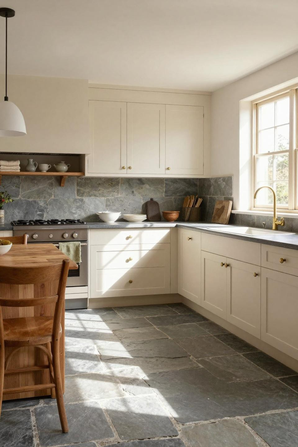 tiny kitchen ideas - irregular charcoal-grey slate flooring with mineral veining