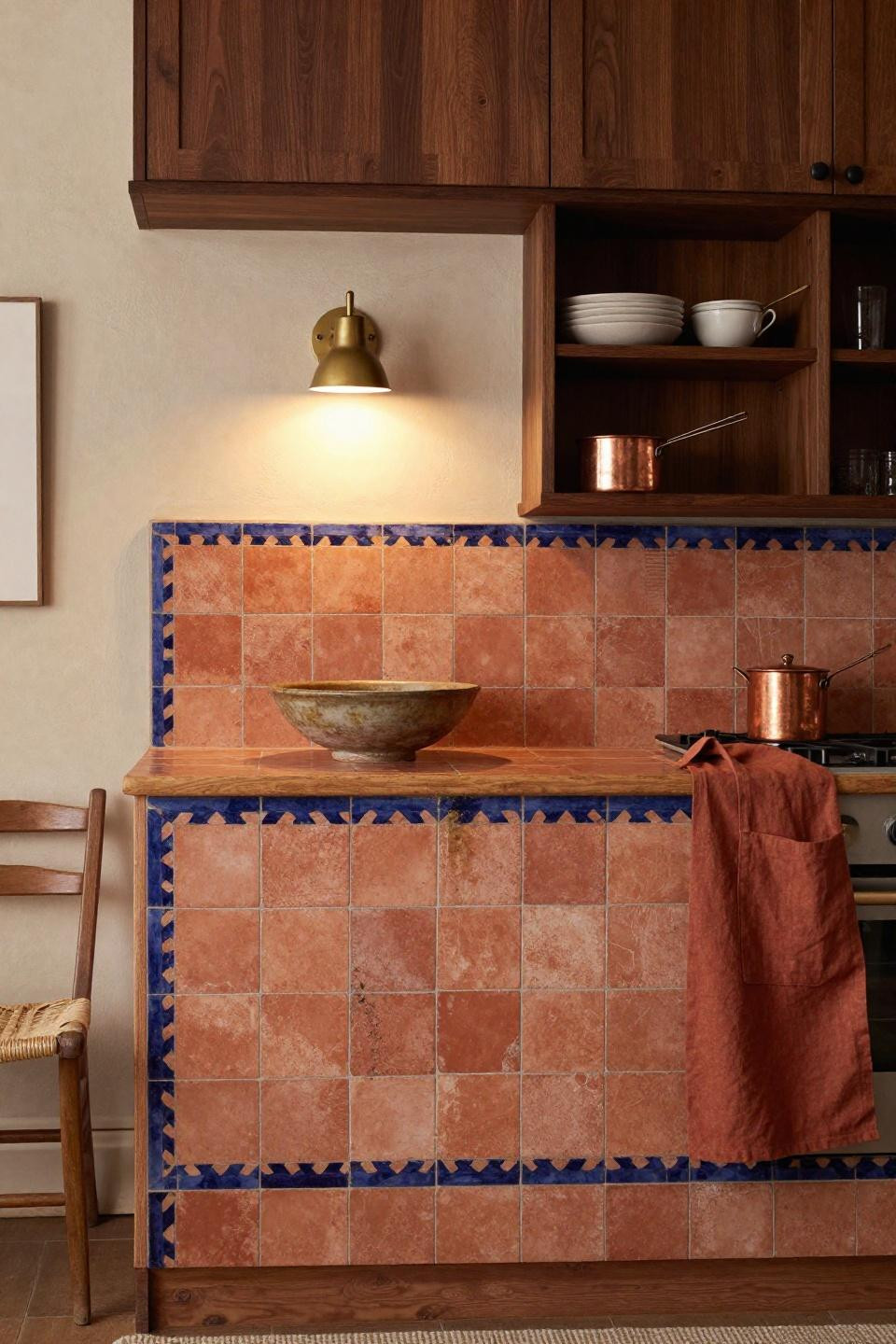 modern farmhouse kitchens - handmade terracotta tiles with indigo geometric borders