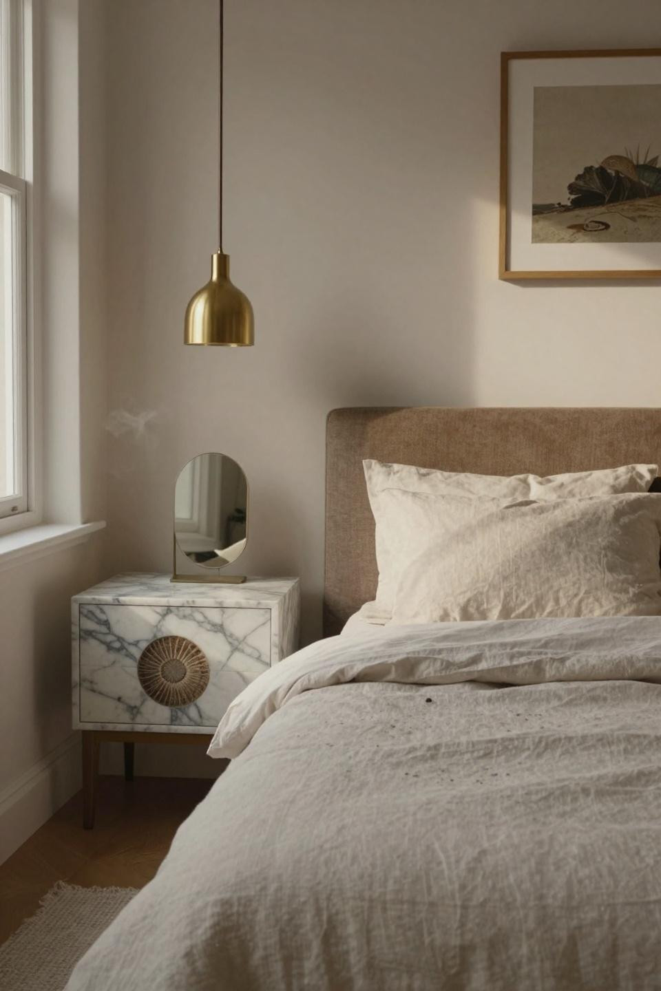 Luxury Dorm Room - baby alpaca linen bedding with Carrara marble nightstand