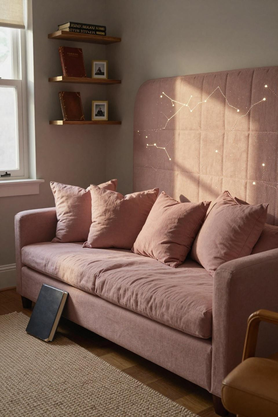 Small Bedroom Layout - bouclé daybed with luminescent constellation stitching