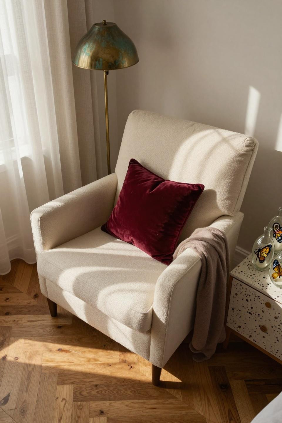 Small Teen Bedroom Ideas - cream bouclé accent chair with brass patina