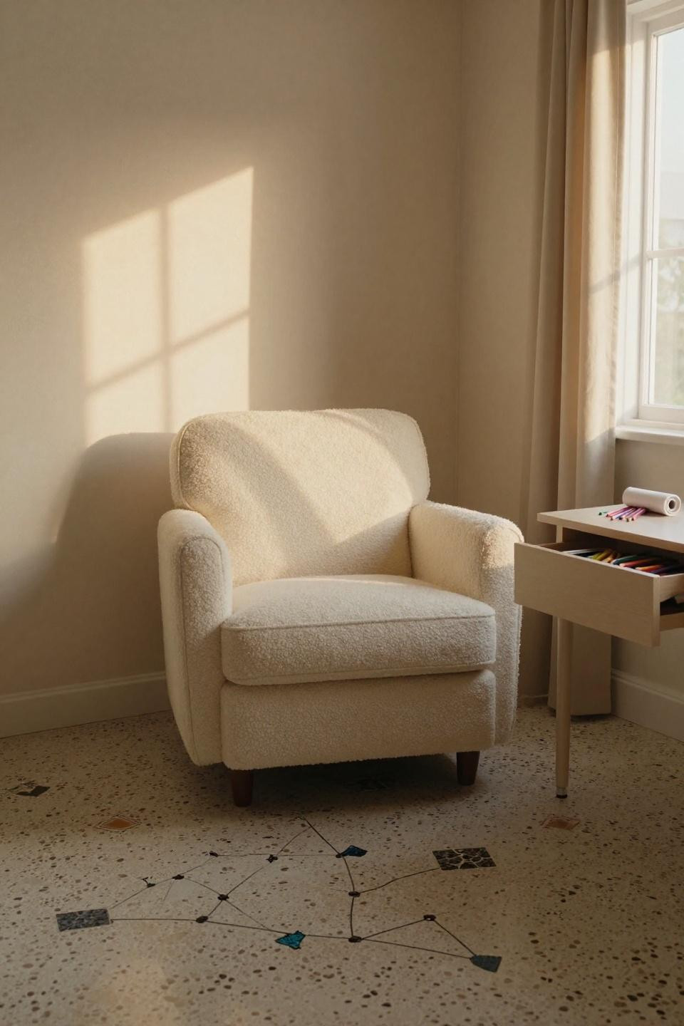 Teen Bedroom Aesthetic - cream bouclé chair on terrazzo with ceramic fragments