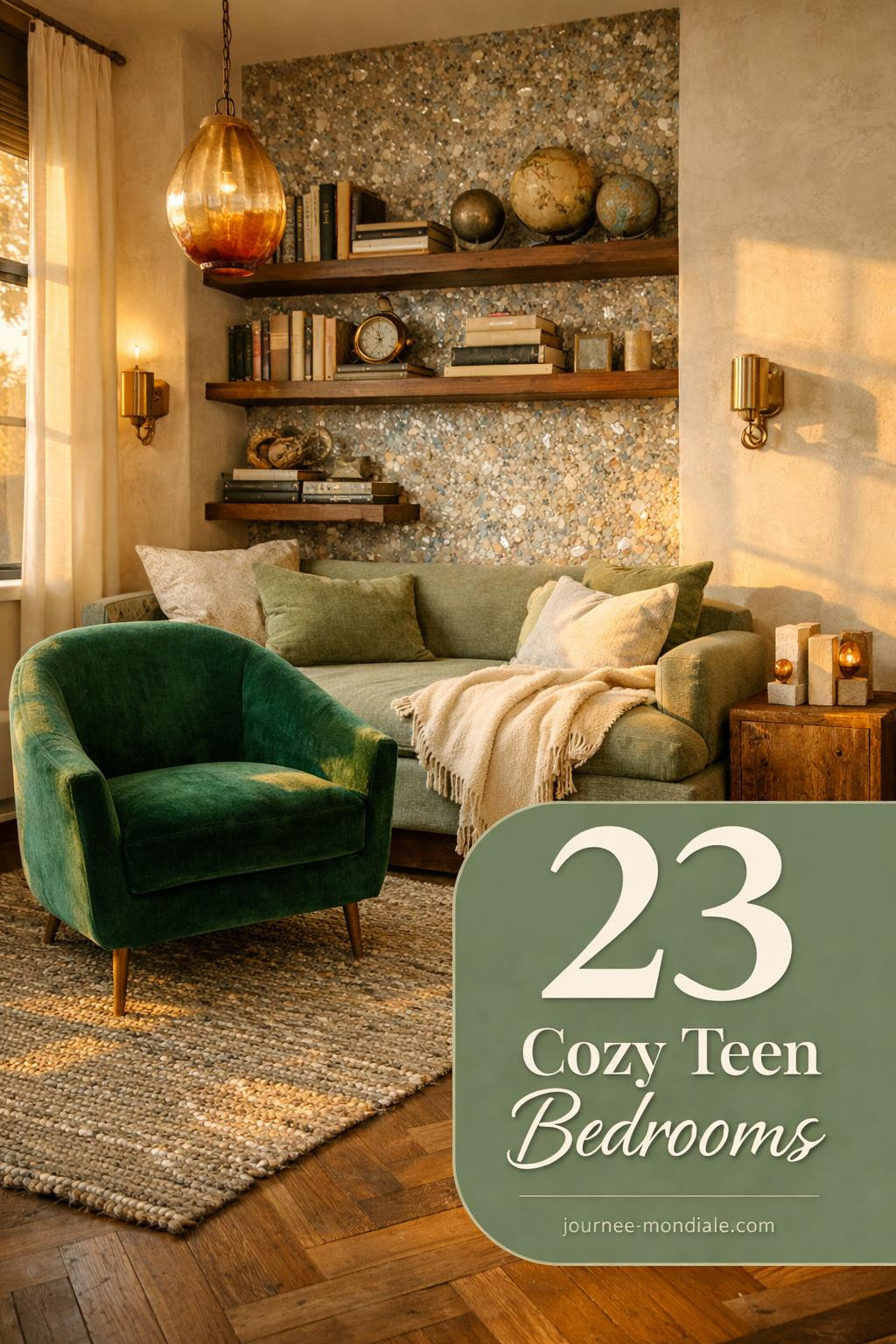 Sophisticated teen bedroom featuring emerald velvet armchair, sage linen daybed, terrazzo accent wall, amber Murano pendant, walnut shelves, cream Venetian plaster, herringbone floors