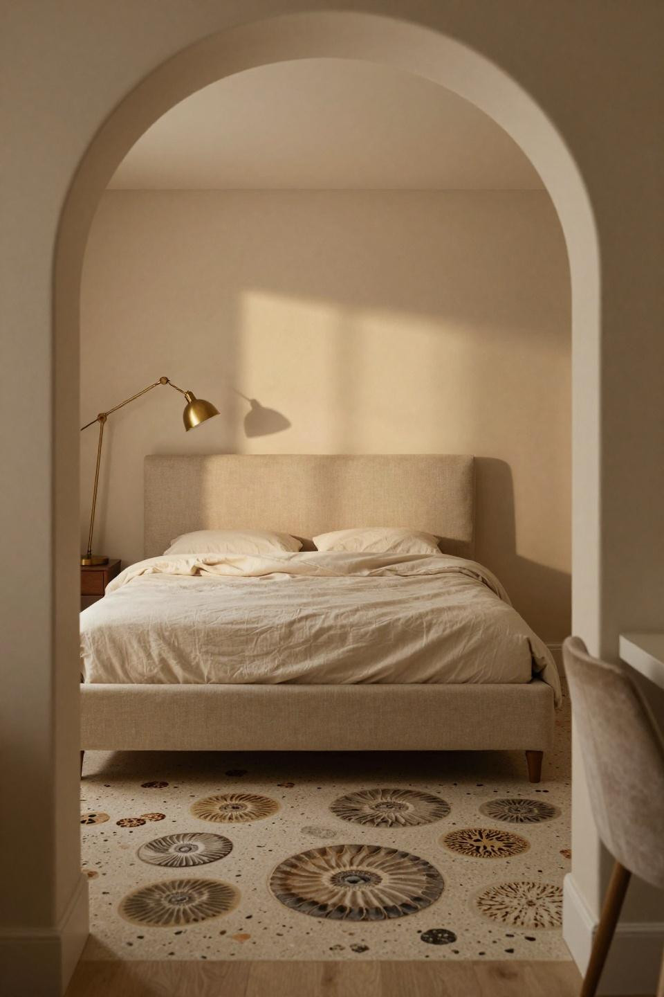Small Room Makeover - Belgian linen headboard with terrazzo fossil flooring