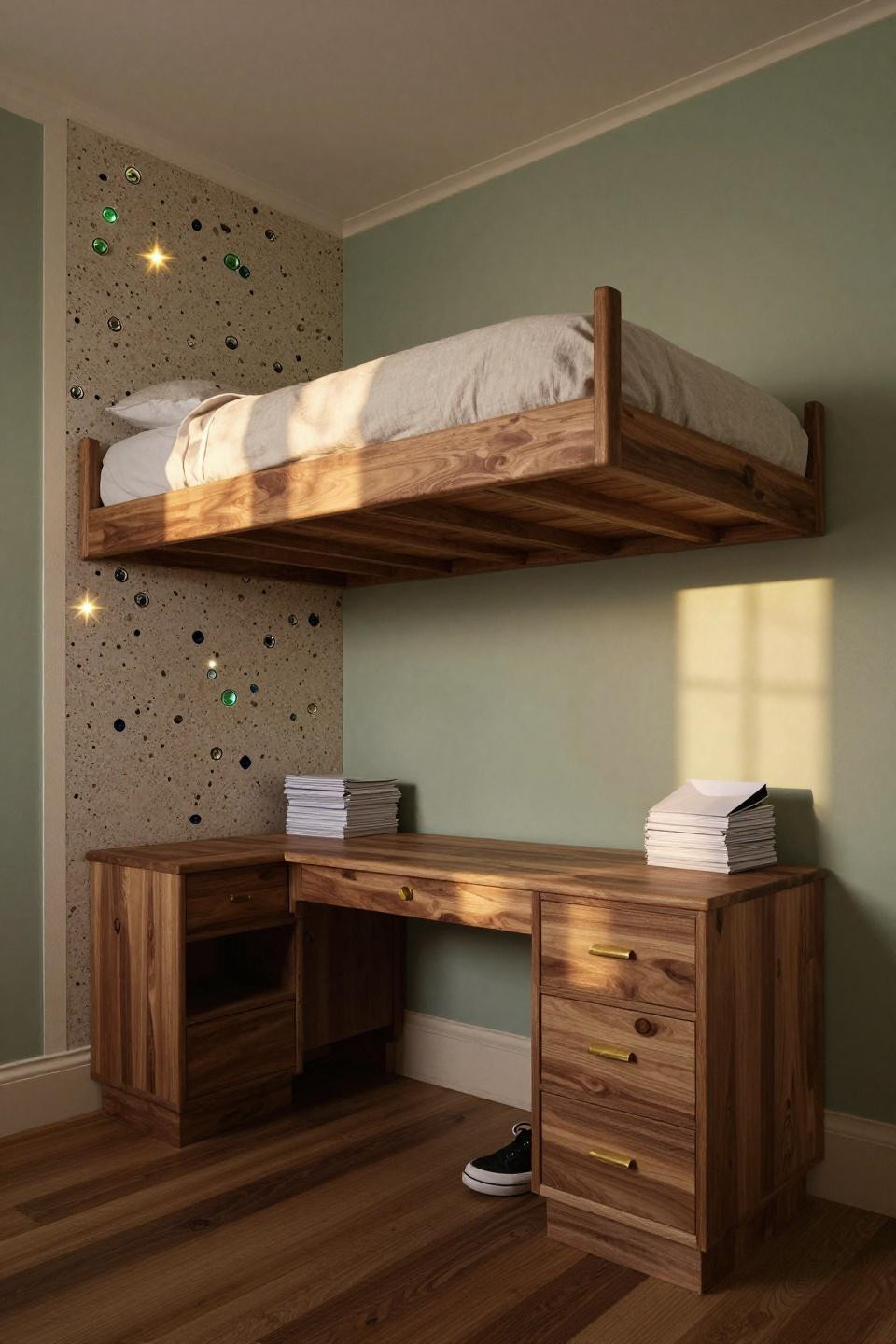 Luxury Dorm Room - loft bed against terrazzo wall with vintage marbles