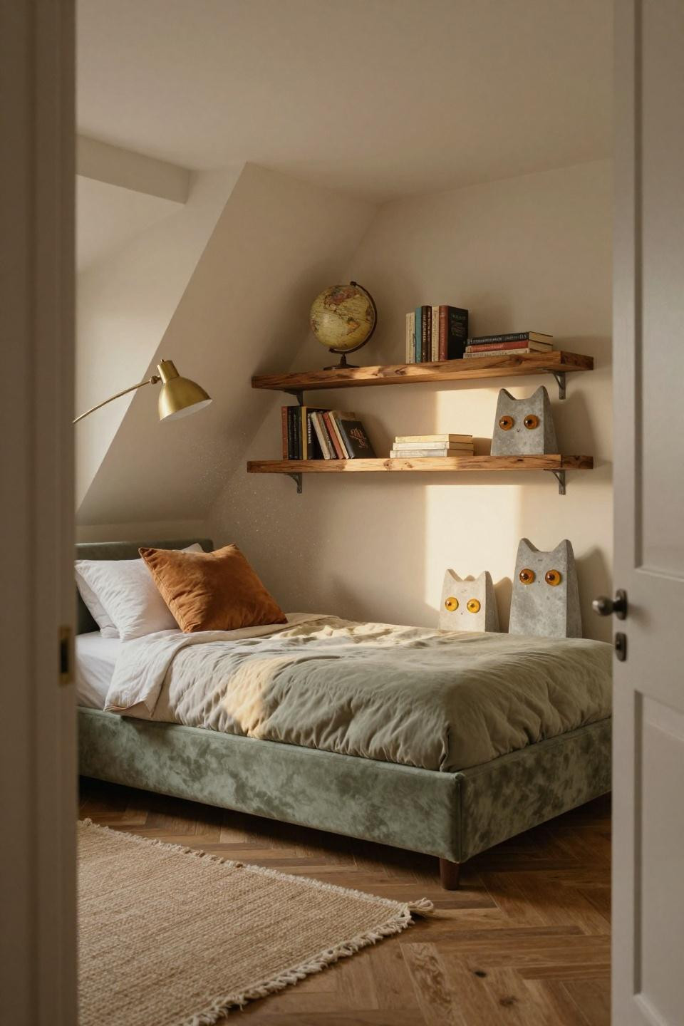 Cute Bedroom Ideas Teenagers - sage bouclé daybed with cement cat bookends