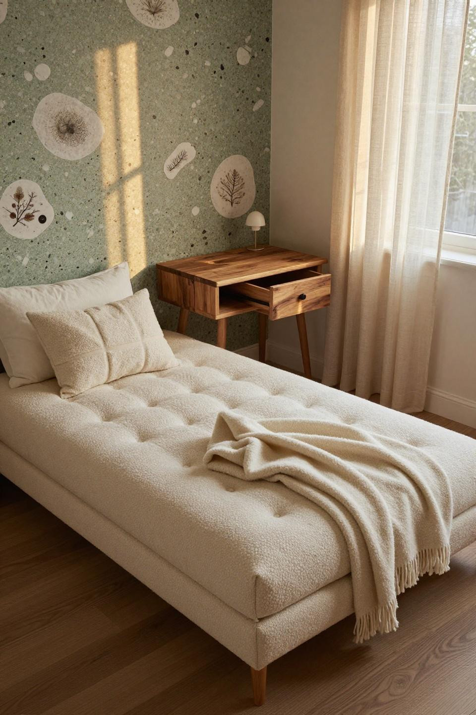 Small Teen Bedroom Ideas - cream bouclé daybed against sage terrazzo wall