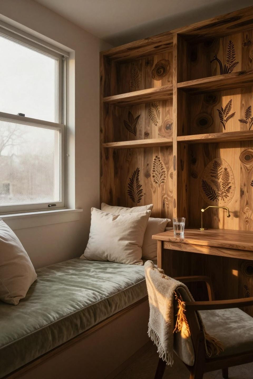 Teen Room Inspiration - sage velvet reading nook with reclaimed teak shelving