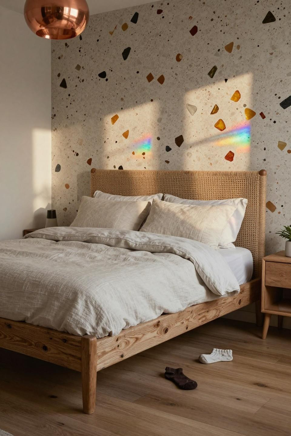 Simple Teen Bedroom - weathered teak bed against terrazzo wall with carnival glass