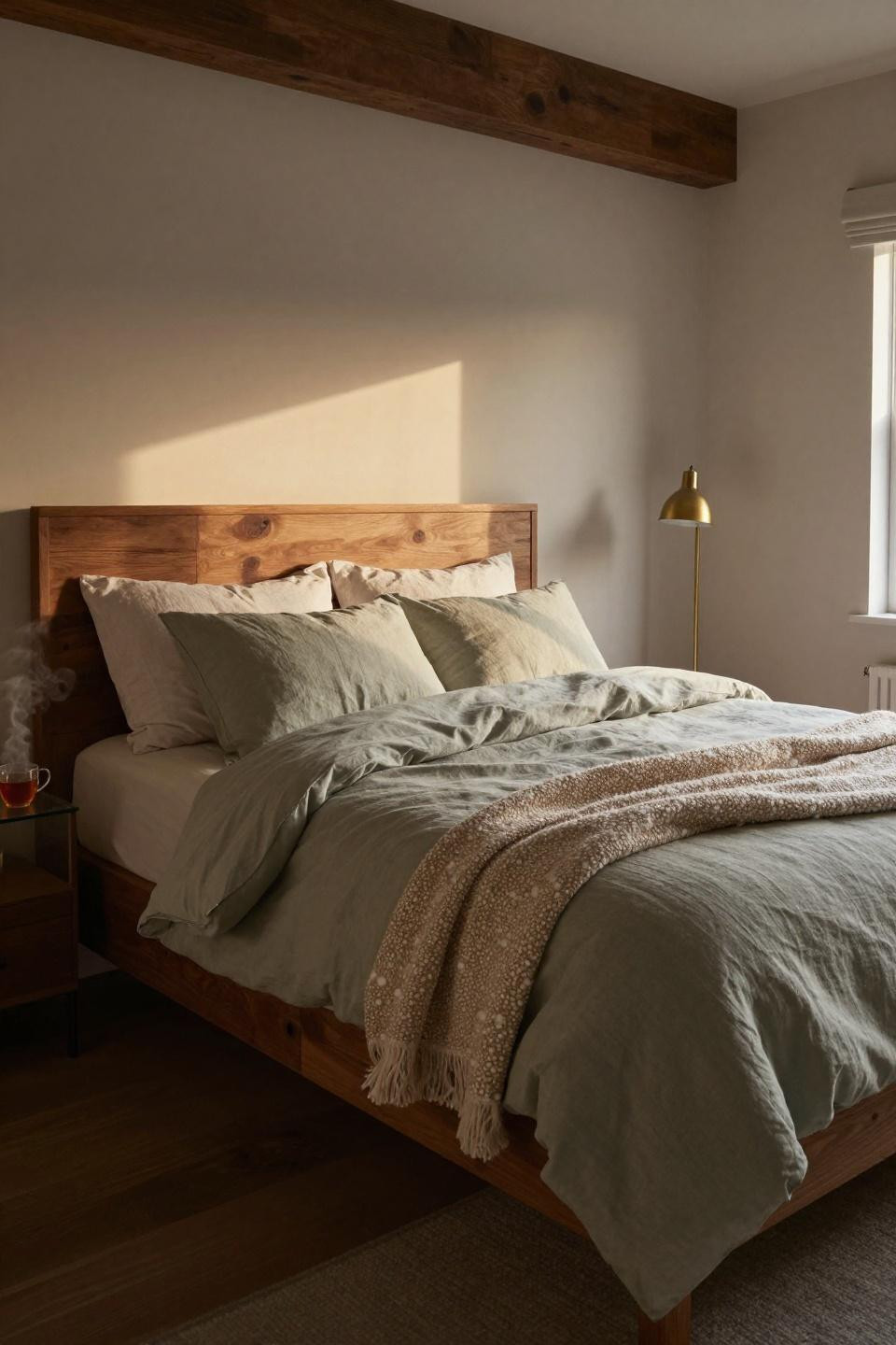 Simple Teen Bedroom - walnut bed frame with sage linen and bouclé throw