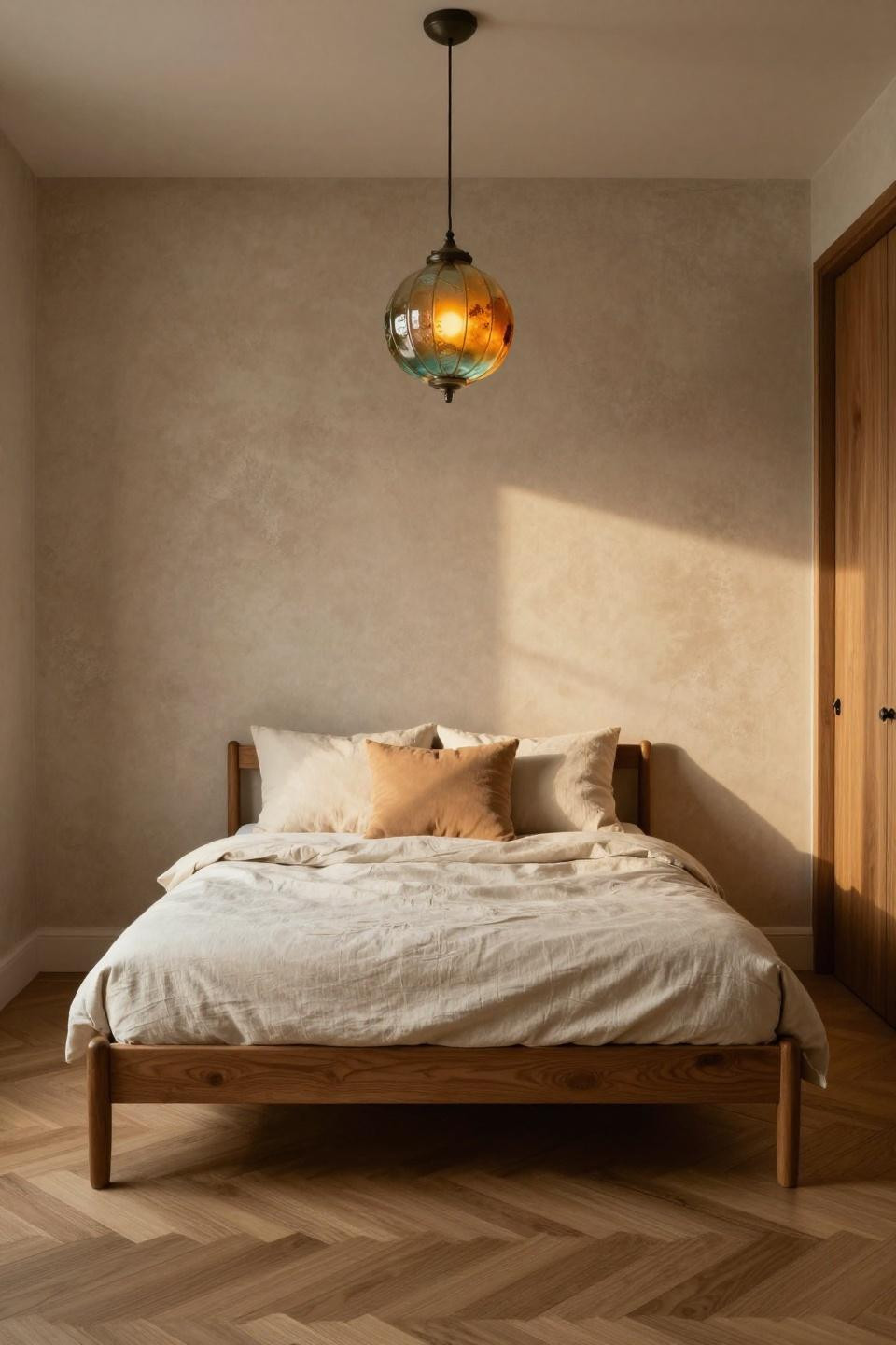 Teen Room Inspiration - cream linen daybed beneath vintage sea glass pendant