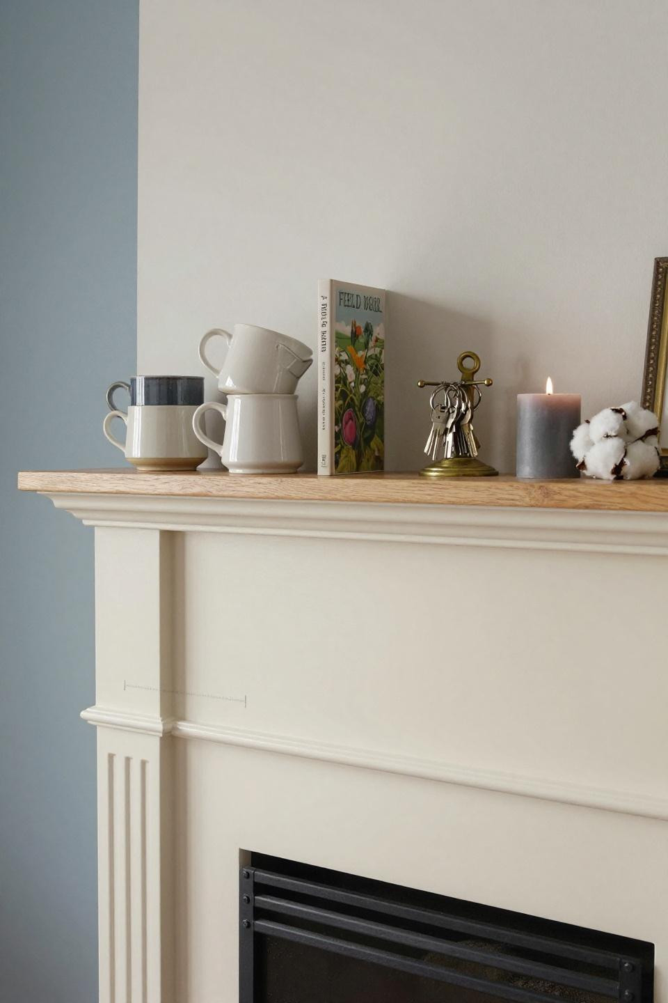 Above Fireplace Decor - cream painted shaker fireplace with oak mantle