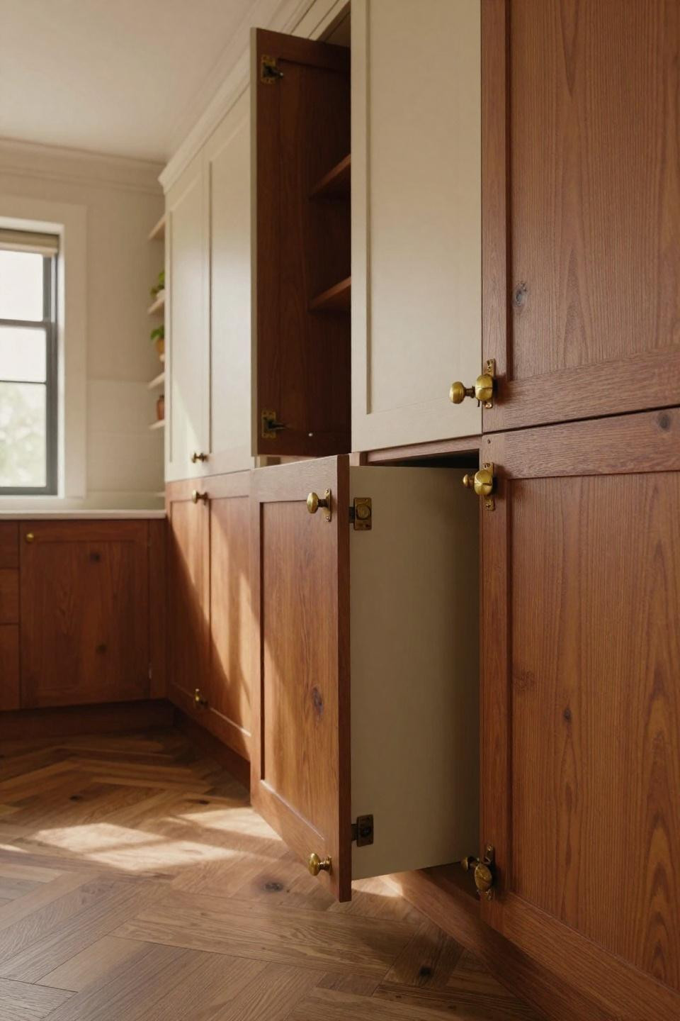 cream and terracotta stained oak kitchen cabinets with reclaimed hardware