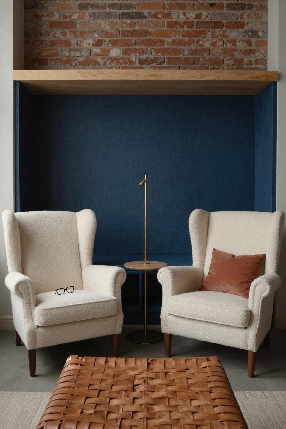 2 Chairs Sitting Area - cream wingback chairs flanking indigo built-in seat