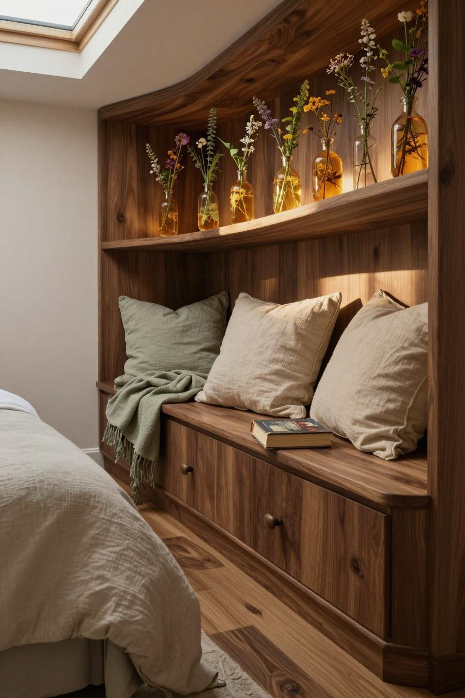 Small Room Makeover - curved walnut reading nook with pressed wildflowers