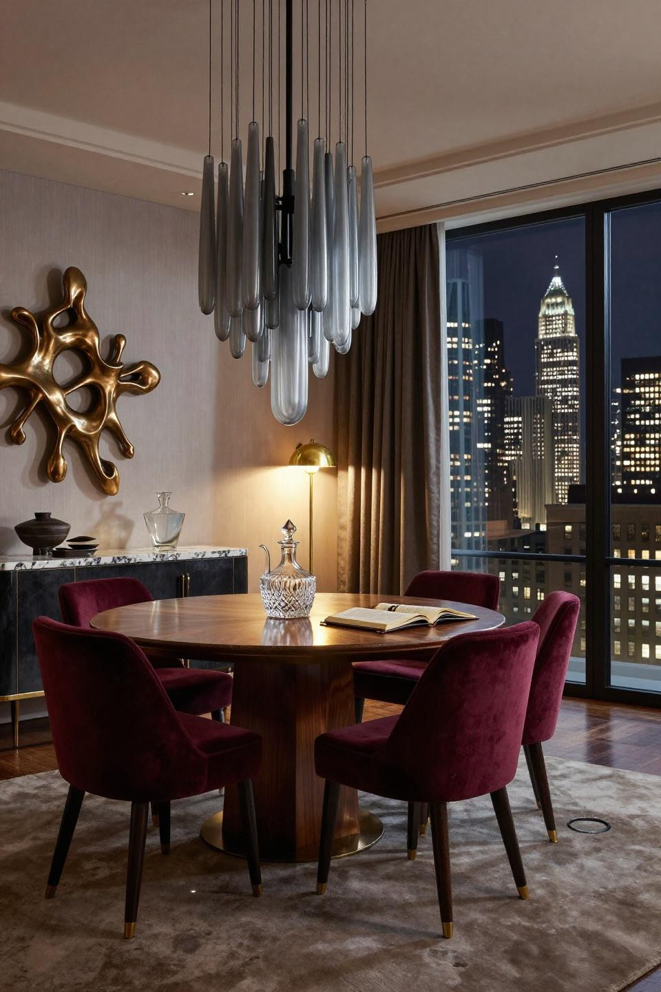 Dark Penthouse - art deco dining room with smoky glass pendants