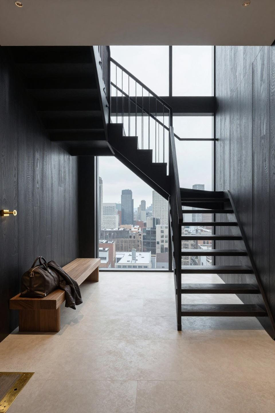 Modern Penthouse Apartment - ebonized oak paneling with steel cable staircase