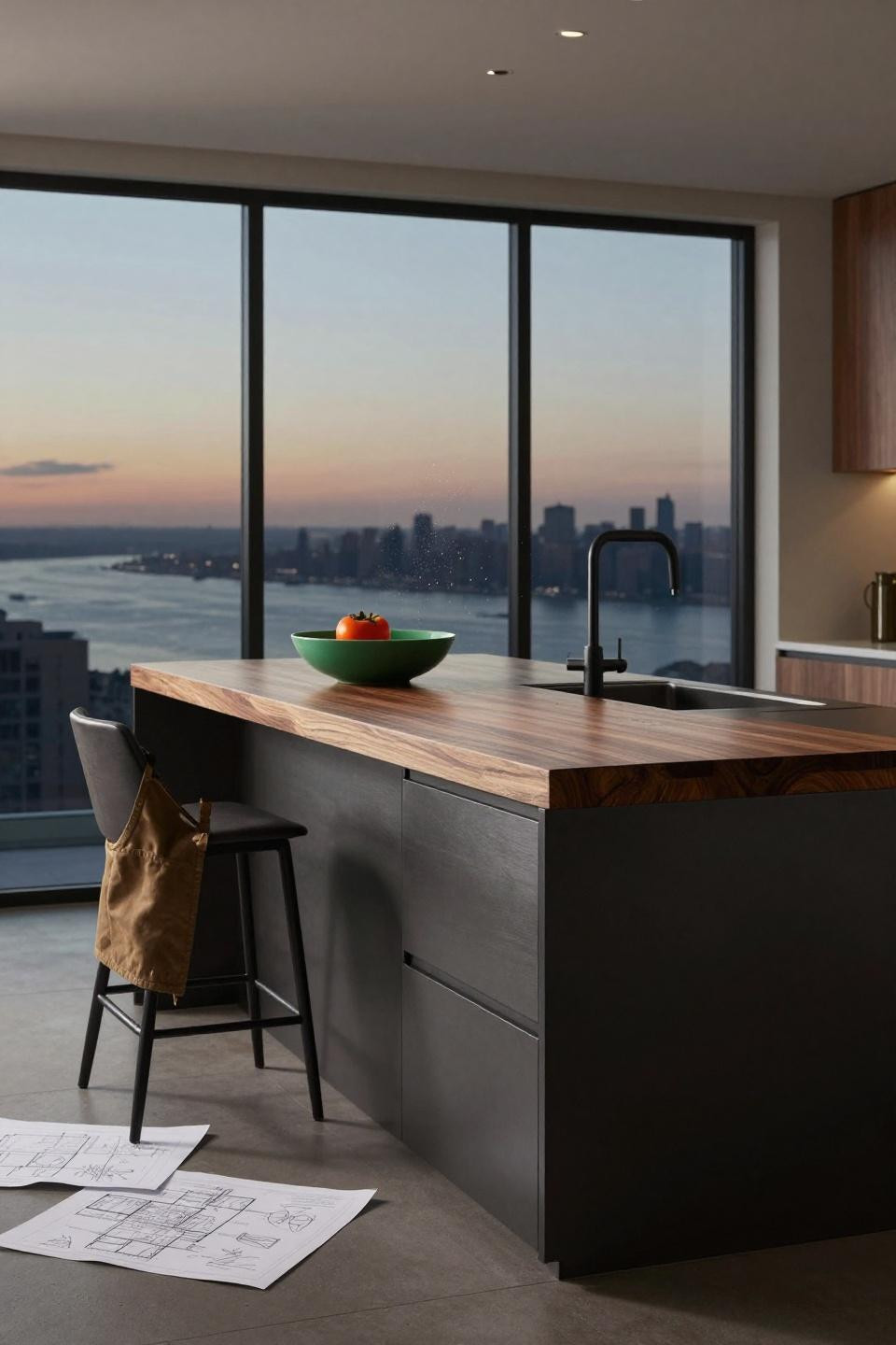 New York Penthouse Luxury - brushed steel island with walnut waterfall edge