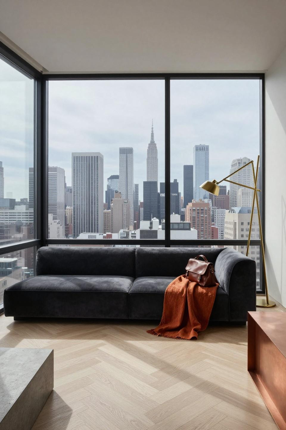 Luxury High Rise Apartment - charcoal velvet sofa with brass floor lamp