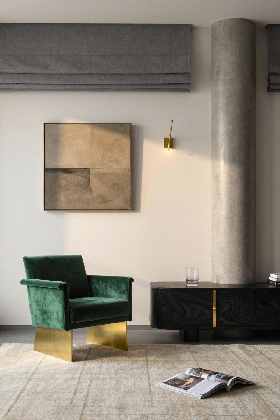 Luxury High Rise Apartment - floor-to-ceiling graphite linen shades