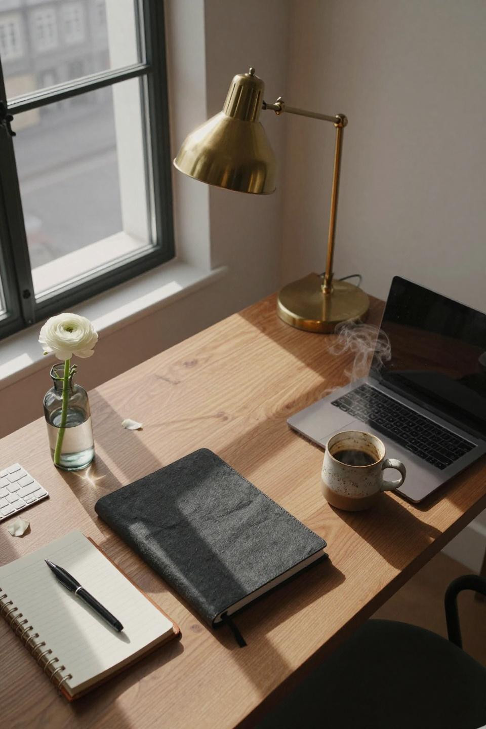 Work Table Aesthetic - overhead desk with diagonal shadows