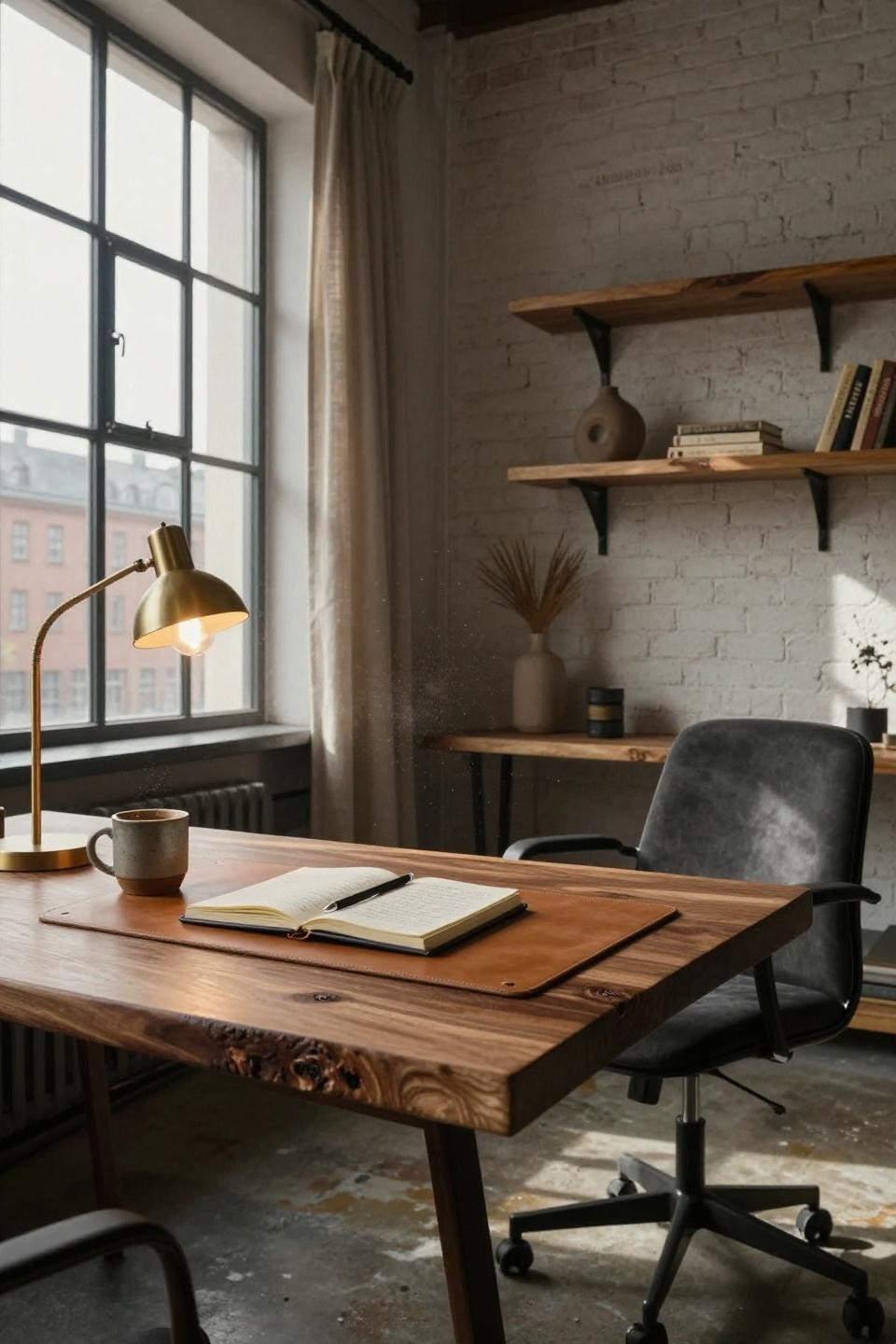 Workplace Aesthetic - wide angle workspace with geometric shadows