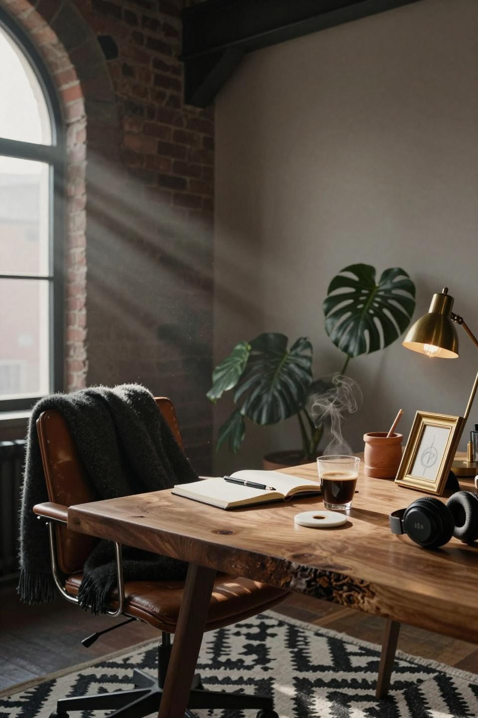 Office Job Aesthetic - eclectic work desk with walnut and brass